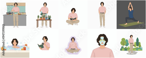 Flat Style Diverse Activities of a Person at Home Illustration Set