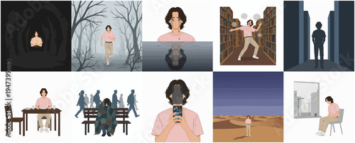 Minimalist Digital Illustration of Man in Varied Emotional and Life Scenarios