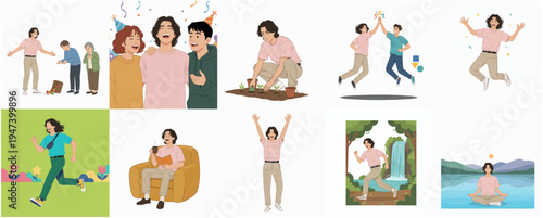 Flat Handdrawn Different Activity of Young Man Character Set Illustration