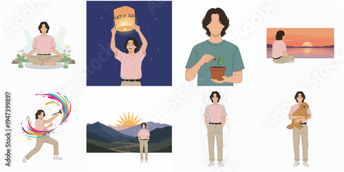 Minimalist Lifestyle Young Man Character Illustration Set in Various Activities