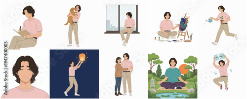 Minimalist Line Art Man in Different Activities Lifestyle Flat Illustration