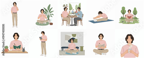 Minimalist Flat Illustration Man in Various Daily Activities Lifestyle Set
