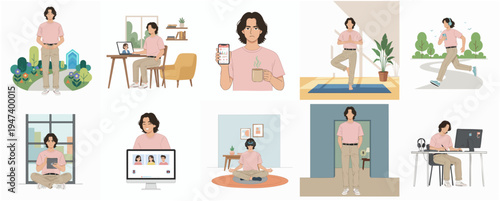 Flat Illustration Set of Man Doing Various Activities at Home and Outdoors