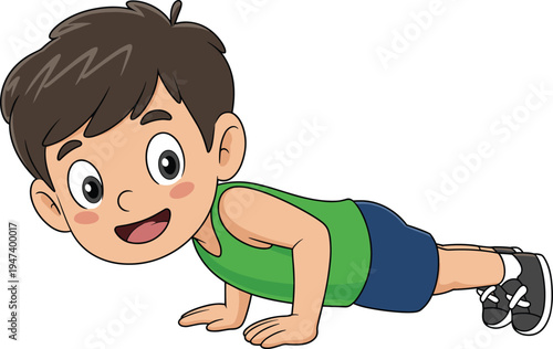Happy cartoon boy doing push ups exercise, cute kids fitness character training at home, healthy lifestyle concept illustration for children sport activity design