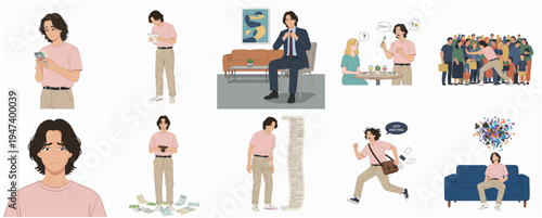 Minimalist Flat Illustration of Millennial Man in Various Life Scenarios