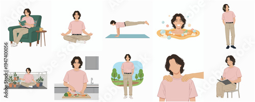 Simple Flat Design Man Daily Activity and Self Care Illustration Set