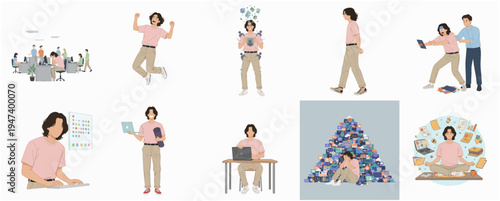 Flat Style Diverse Young Adult Lifestyle and Business Activities Character Set