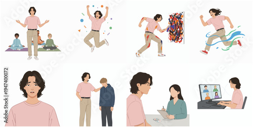 Minimalist Flat Illustration of Man in Various Lifestyle Activities Concept