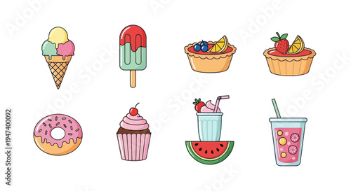 Assorted colorful dessert and drink icons