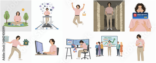 Flat Illustration Diverse Lifestyle Man in Different Activities and Situations