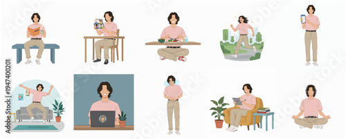 Minimalist Flat Design Woman Doing Various Activities at Home Illustration Set