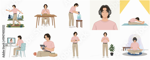 Flat Illustration Set Asian Man Various Activity Lifestyle Daily Routine