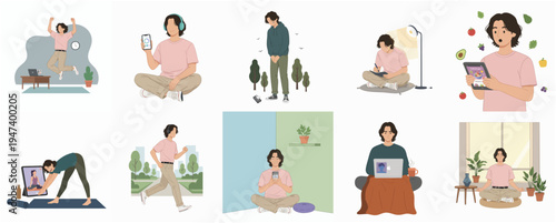 Illustrated People in Home Activities Scene Set Character Design Illustration