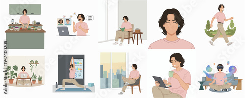 Modern Flat Illustration Man's Daily Lifestyle and Activity Set