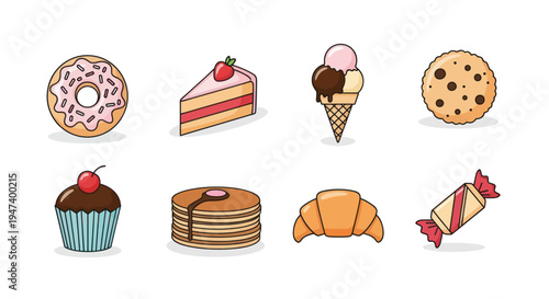Assorted dessert icons on white background