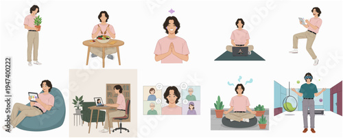 Flat Illustration Set of Person Performing Various Activities at Home