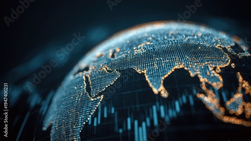 Financial data, holographic world sphere on data dashboard futuristic lighting digital globe, illuminated earth with grid lines on tech finance interface.