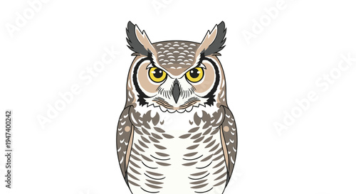 A detailed cartoon illustration of an owl with large yellow eyes and intricate feather patterns is presented in a frontal view on a plain white background.