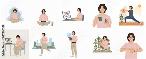Flat Illustration Lifestyle and Daily Routine Young Man Activity Set