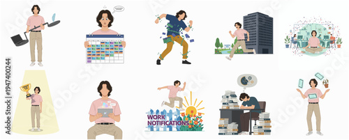 Minimalist Flat Style Worker Illustration Set of Diverse Office Scenarios and Emotions
