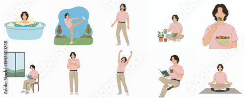 Simple Flat Illustration of Person Doing Various Activities Daily Life