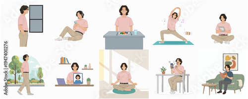 Simple Flat Style Young Woman Activity Lifestyle Illustration Set
