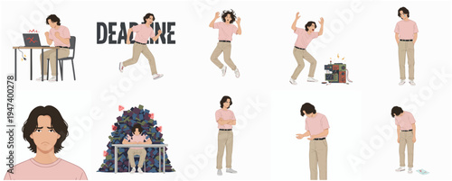 Flat Illustration of Man in Various Moods and Situations Office Worker Character