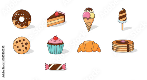 Assorted dessert icons on white background