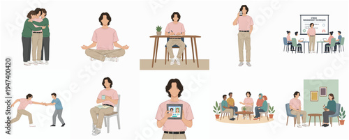 Flat Illustration Young Man Character Doing Activities Daily Lifestyle Pose Set