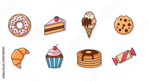 Assorted sweets and desserts on white background
