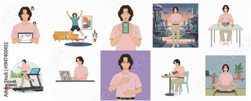 Flat Style Illustration Set of Man Doing Daily Activity and Wellness
