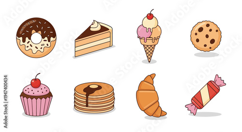 Assorted sweets and desserts on white background