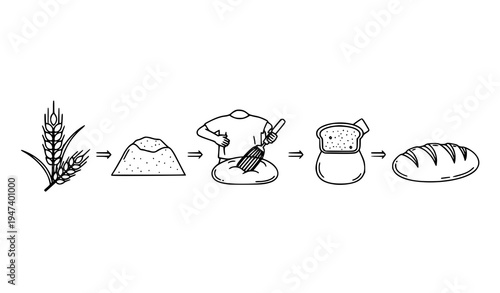 Bread making process diagram outline vector showing wheat flour dough and baked bread