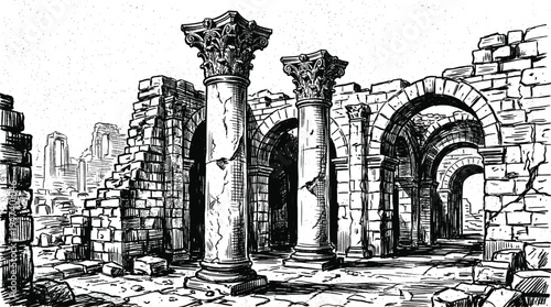 ancient, ruins, roman, architecture, columns, arches, temple, historic, classical, stone, archaeology, heritage, monument, antique, engraving, illustration, lineart, structure, history, ruins
