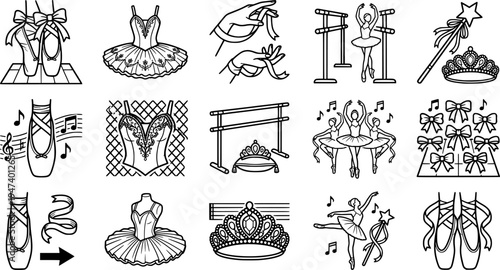 Line art ballet icon set showing detailed pointe shoes tutu barre ribbon wand tiara and music notes on white background