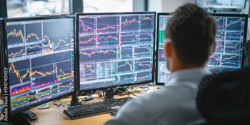 financial analyst reviewing stock market charts on multiple monitors in modern workspace