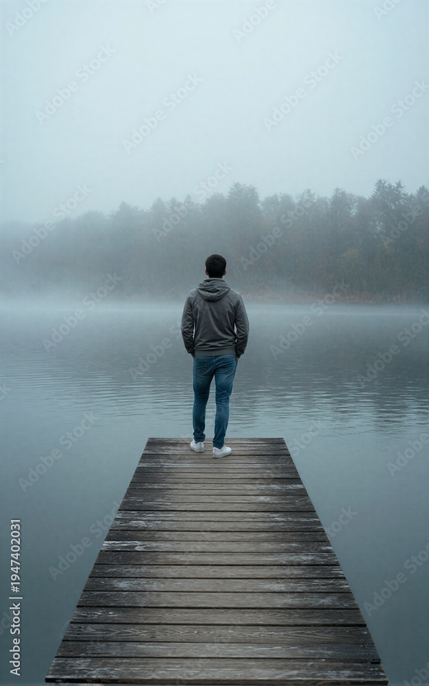 Fototapeta premium Man stands alone on misty dock gazing at calm lake surrounded by