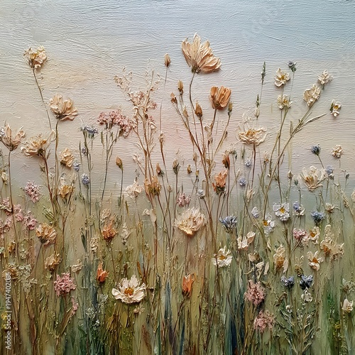 Artistic pastel meadow background with dense floral edges and minimal calm center space designed for title placement in wellness and meditation media