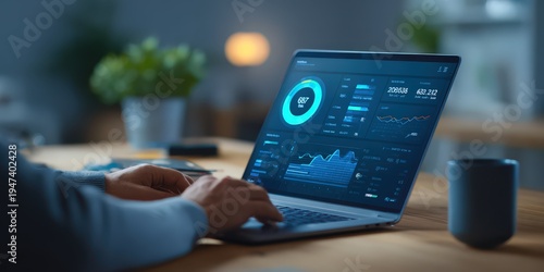 person using laptop with financial dashboard interface 