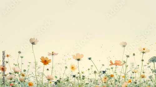 Pastel wildflower meadow with soft sage and olive tones and airy sky space