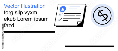 Financial planning, administrative tasks, economics, documentation, accounting, finance management. A checklist document and a dollar icon. Financial planning and administrative tasks concept