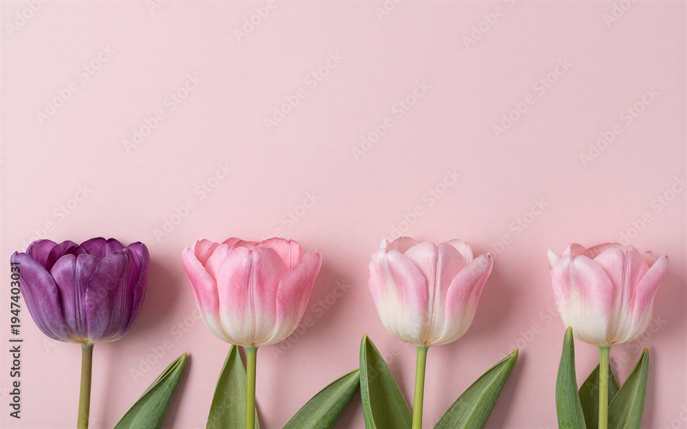 Obraz premium Purple and pink tulips bloom softly against a gentle pink backdrop.