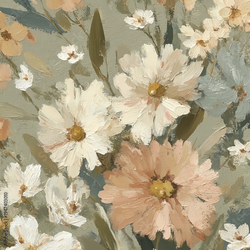 Soft pastel wildflower field background with thick palette knife oil paint texture and visible canvas grain ideal for nursery decor and meditation visuals