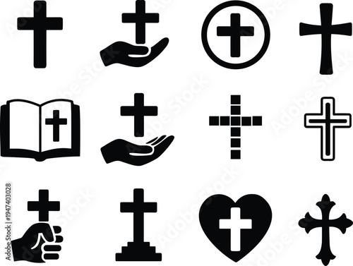 christian, cross, religion, faith, church, symbol, prayer, bible, spirituality, worship, catholic, protestant, icon, illustration, lineart, set, christianity, belief, sacred, symbols