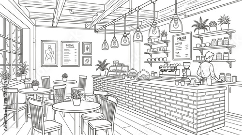 coffee, cafe, interior, coffeehouse, barista, counter, espresso, menu, restaurant, chairs, tables, modern, cozy, illustration, lineart, cafe, coffee, shop, interior, design