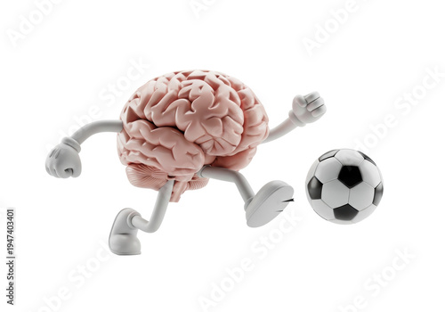 highly detailed anthropomorphic brain with stylized white rubber-hose limbs powerfully kicking a soccer ball against a stark white studio background, concept of strategy and athletic intelligence