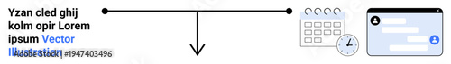 Task management, workflow planning, scheduling, time organization, user interface design, digital collaboration. A horizontal timeline connecting text, a calendar and a form UI. Workflow planning