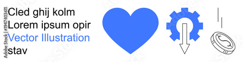 Love, technology, finance, communication, creativity efficiency. A blue heart gear and coin with placeholder text. Love and technology concept. Line metaphor. Simple line icons