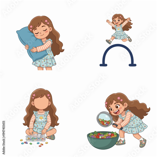 Cute Cartoon Girl Daily Activity with Pillow and Candies Illustration Set