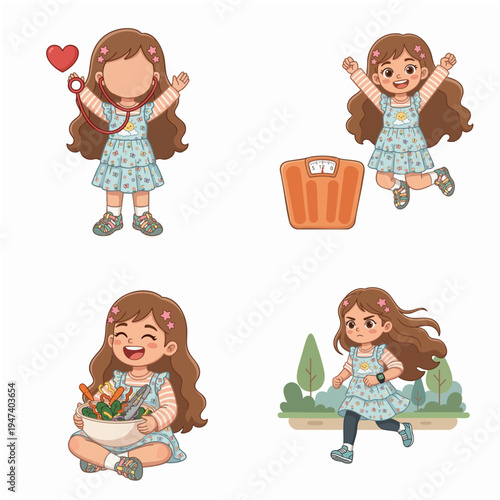 Cartoon Flat Illustration Cheerful Little Girl in Various Action Poses Character